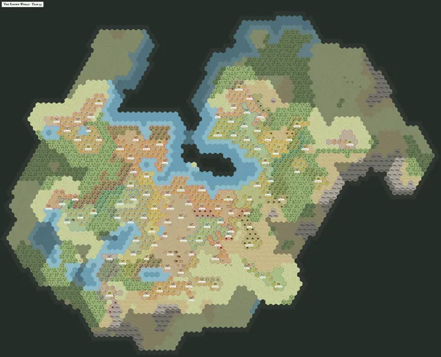 The map of the known world in Year 53: dozens of realms' borders and towns across plains, forests, hills, mountains and lakes